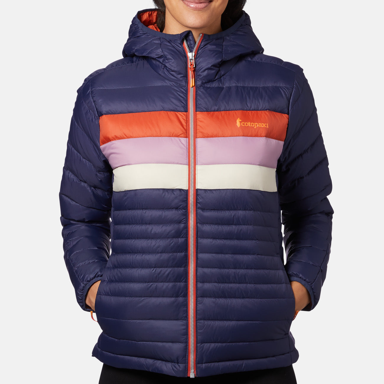 Veste à capuche Cotopaxi Fuego Down pour femme – rayures maritime et cayenne
