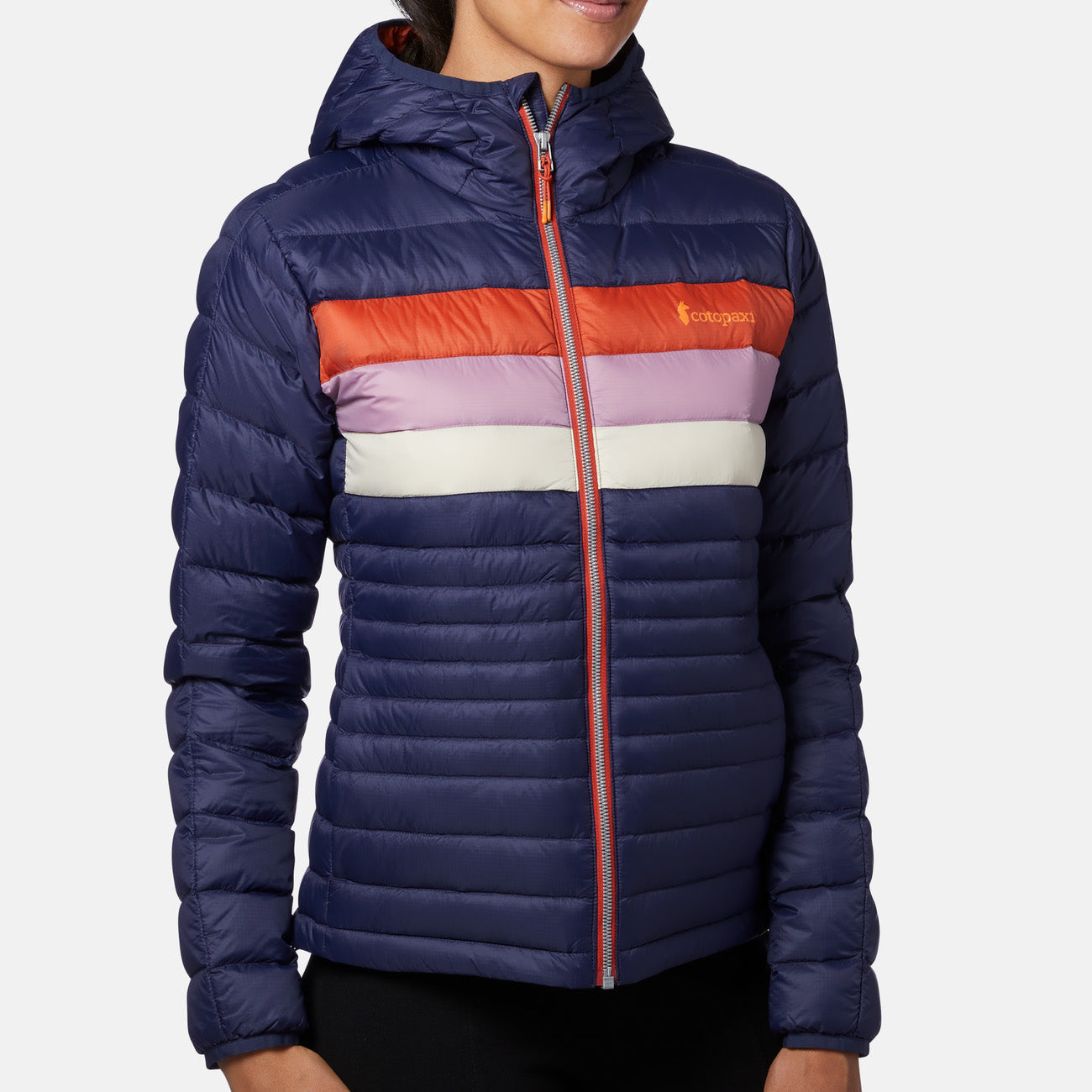 Veste à capuche Cotopaxi Fuego Down pour femme – rayures maritime et cayenne