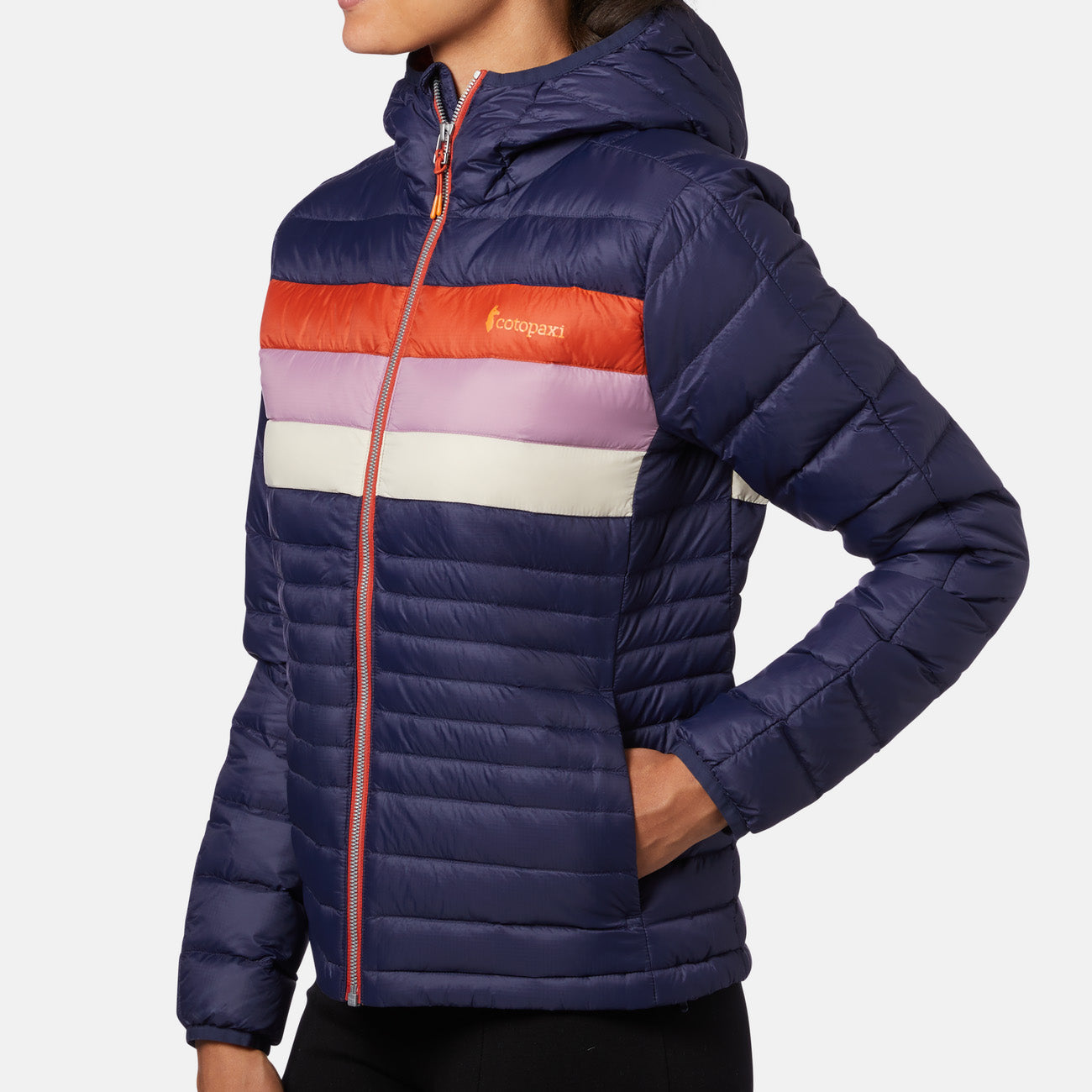 Veste à capuche Cotopaxi Fuego Down pour femme – rayures maritime et cayenne